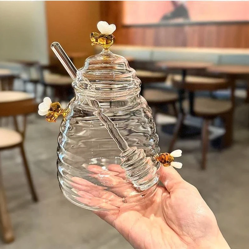 玻璃蜂蜜罐带搅拌棒储物罐创意透明家用蜂蜜瓶 · 透明蜜蜂密封罐