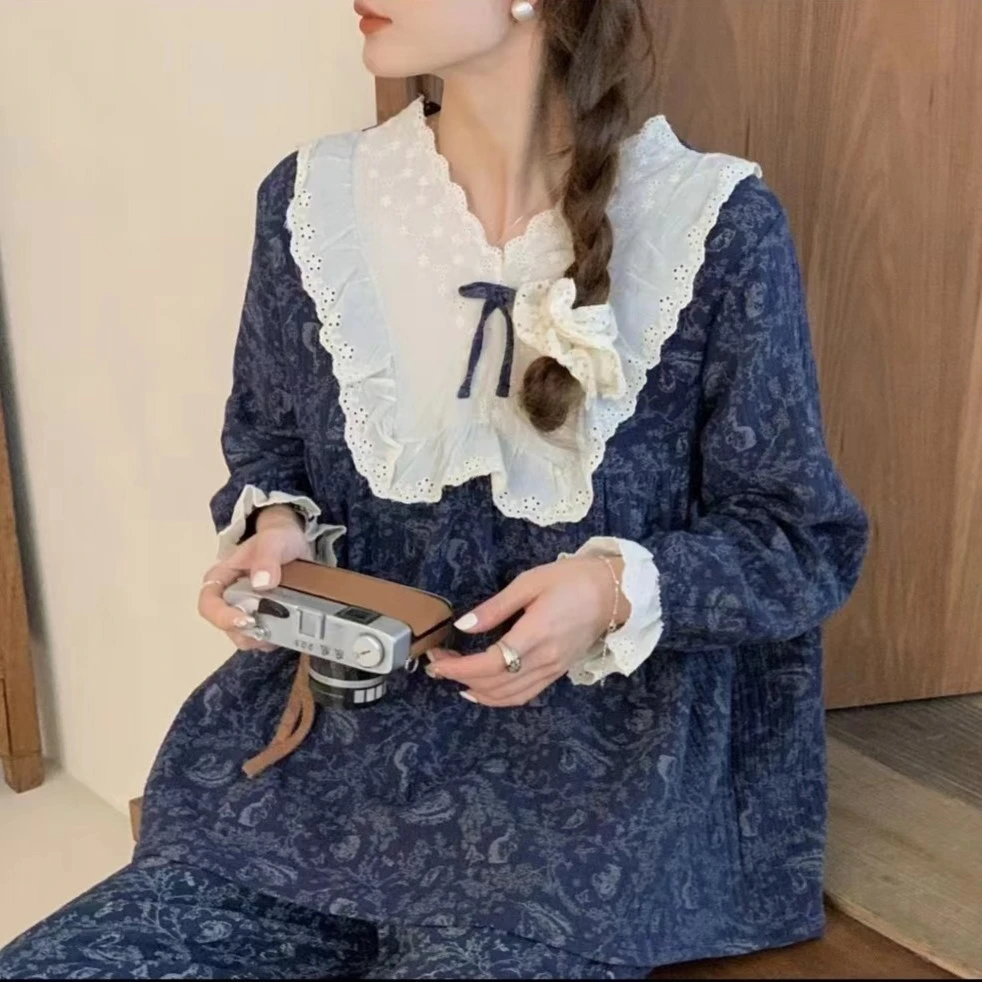 花边领甜美睡衣显瘦春夏季纯棉双层棉纱舒适薄款家居服蕾丝宽松