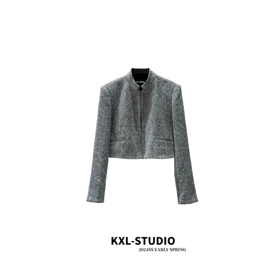 KXL-STUDIO【KELE精选】都市灵感｜立领人字纹毛呢短外套9038