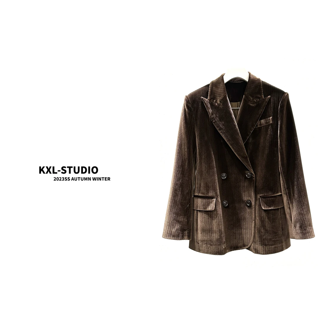 【KXL-STUDIO秋冬】进口丝绒竖条理咖色西装8374