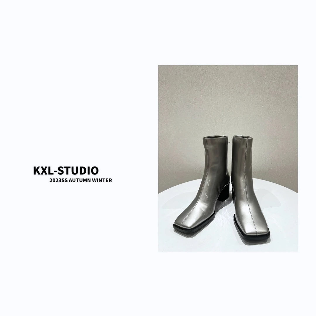 KXL-高定方头银色短靴2825