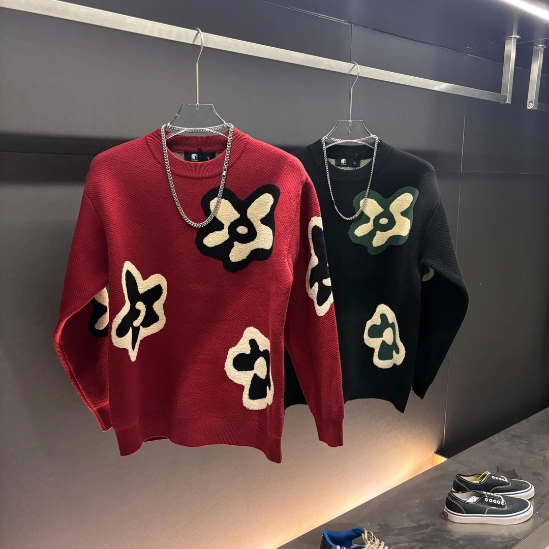 2024秋冬男士复古圆领花朵印花长袖针织毛衣