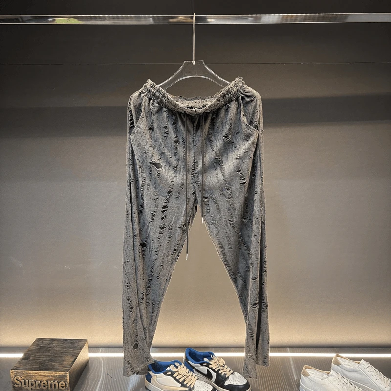 2024夏季美式时尚百搭磨破吸汗男士抽绳薄款休闲宽松长裤