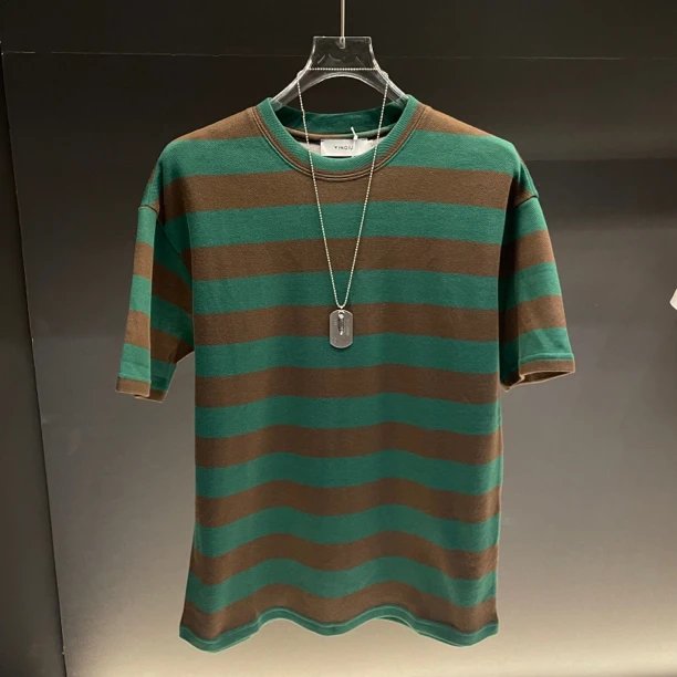 大版休闲宽松显瘦条纹T恤百搭2023春季新款洋气短袖上衣圆领