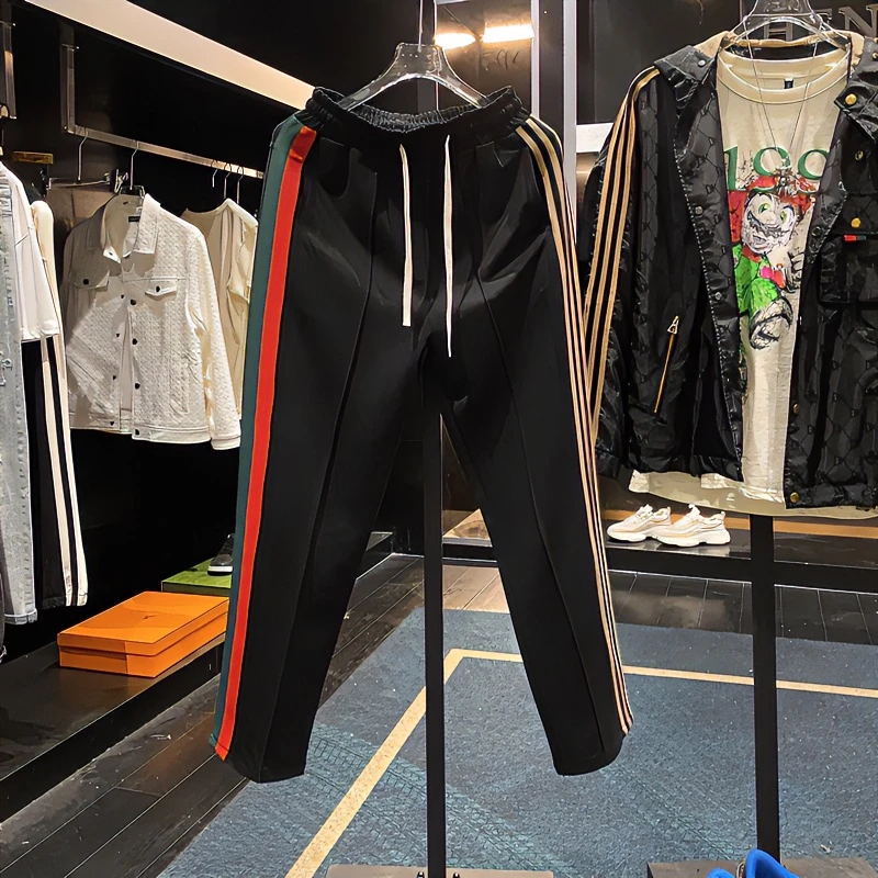 春夏2024条纹阔腿卫裤宽松运动长裤男士款织带潮牌直筒休闲裤子