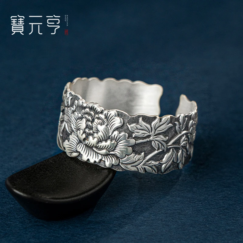 足银手镯 手工开口足银999宽版重工浮雕牡丹花手镯 送妈妈送女友