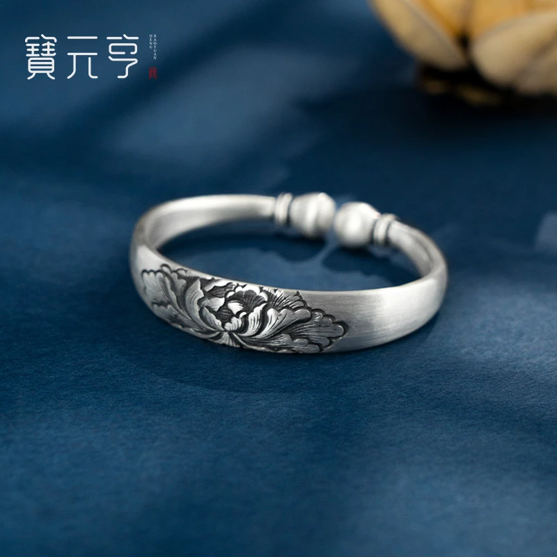 足银手镯 足银999银手镯女纯银宽面开口蒜头莲花复古银手镯送妈妈