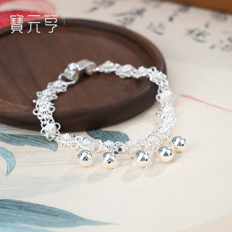 足银手链 999纯银手工花朵手链 女生银手镯女简约生日礼物送女友