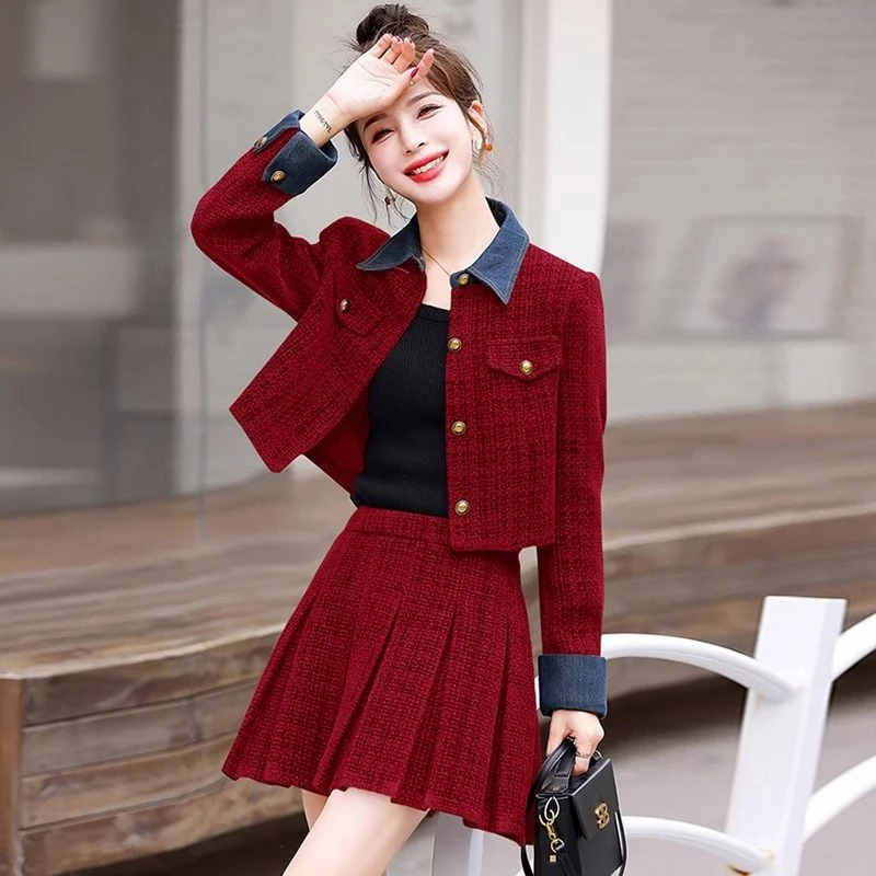 法式名媛红色小香风连衣裙女秋冬新款本命年新年战袍百褶裙两件套