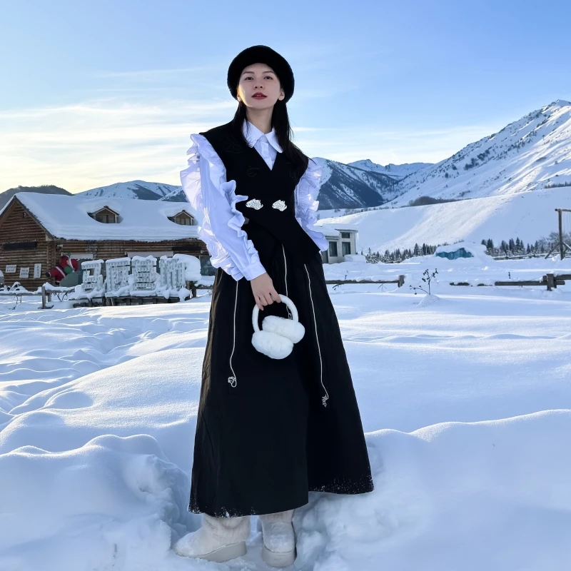 2024新款荷叶衬衫刺绣黑色马甲时尚气质半身裙5530+3341+5103【肖】