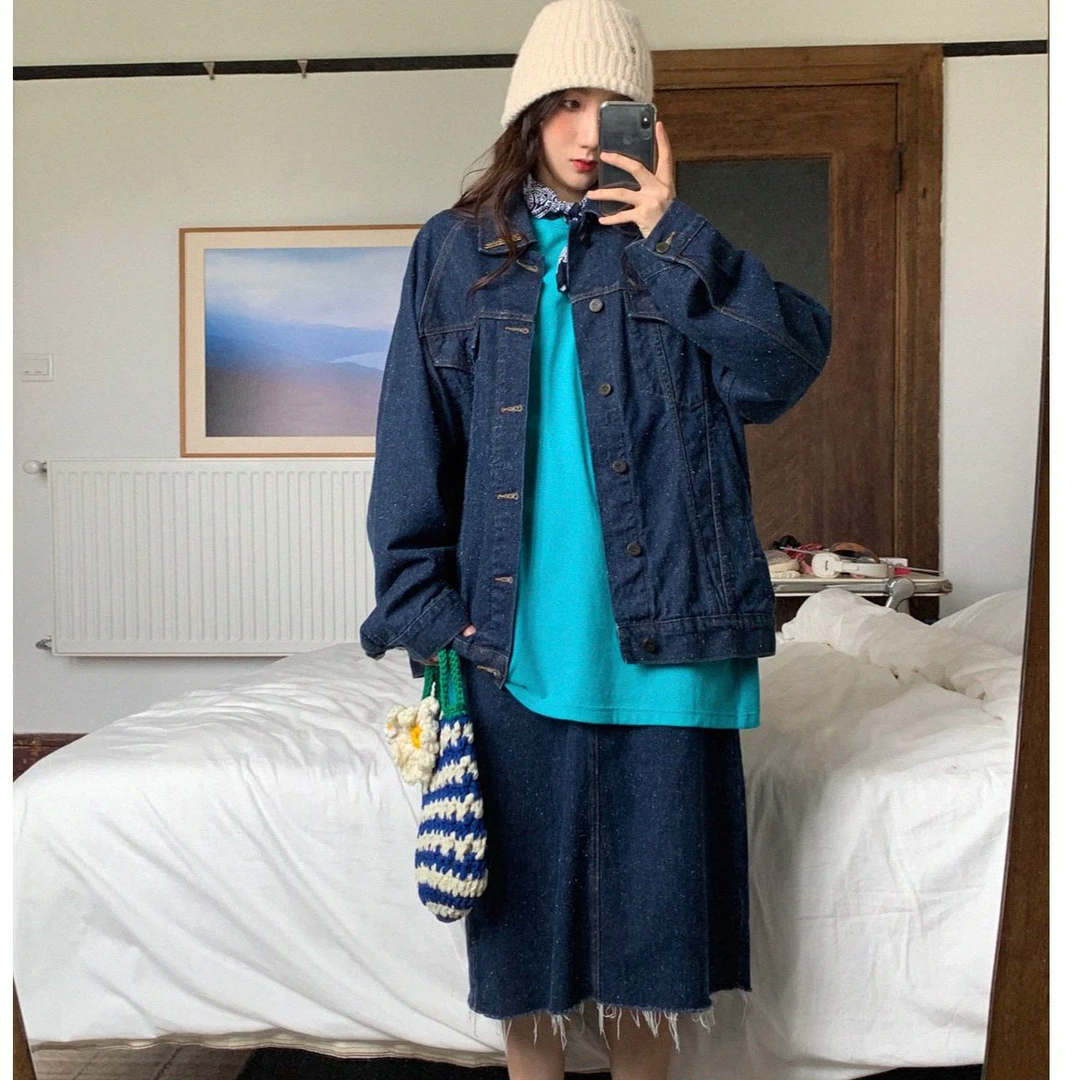 老莫同学秋季新款牛仔套装女复古雪花丹宁夹克外套显瘦高腰半身裙