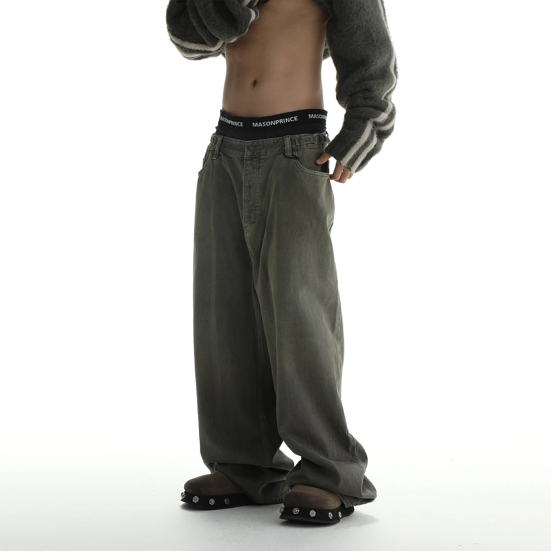 MASONPRINCE 秋冬新款渐变泥染军绿牛仔裤美式复古宽松休闲直筒裤