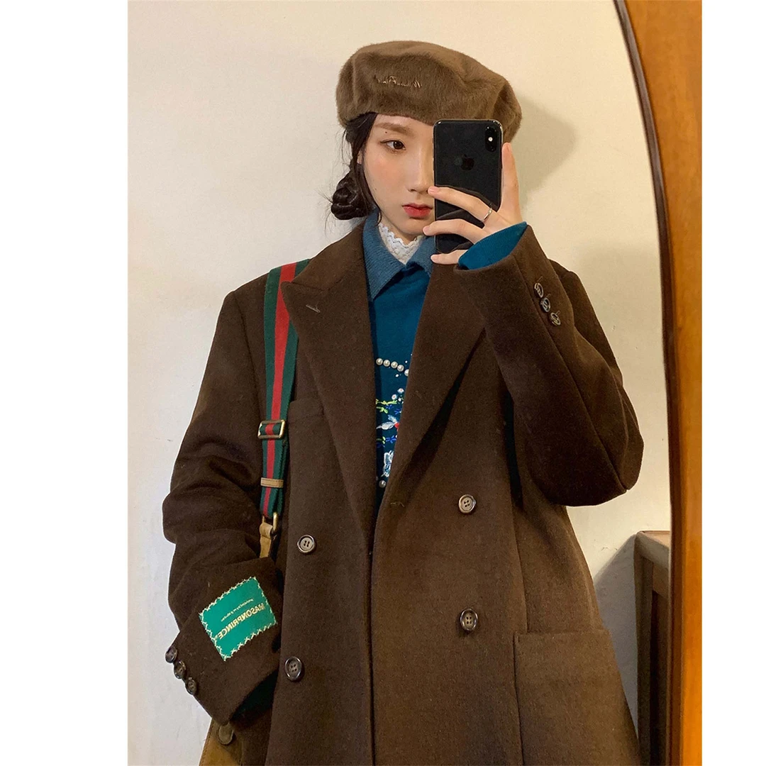 老莫同学 复古vintage绿色绣标咖色奶奶风毛呢大衣外套