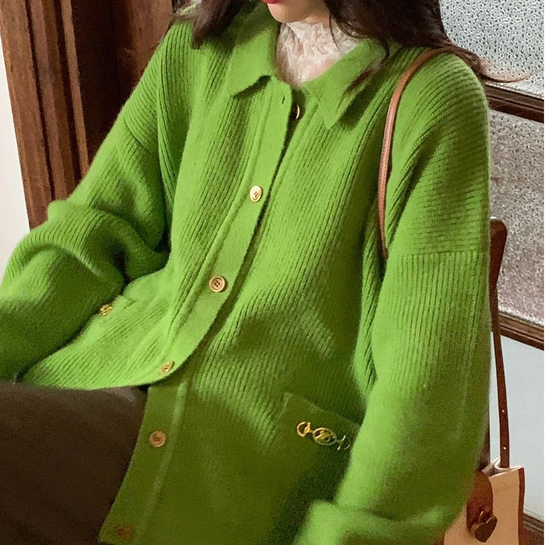 老莫同学坑条毛衣女秋季复古金标长袖针织开衫宽松慵懒风绿色上衣