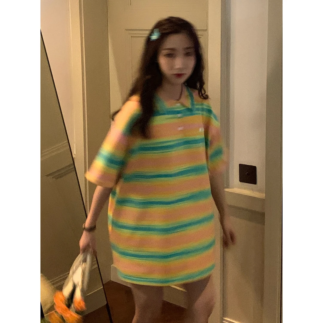老莫同学 复古条纹Polo女温柔减龄bf风宽松短袖t恤