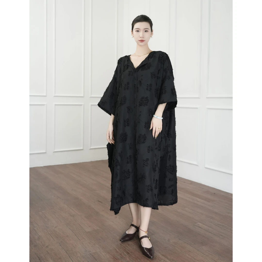不规则高密浮线大码连衣裙气质显瘦复古国风宽松连衣裙女装连衣裙