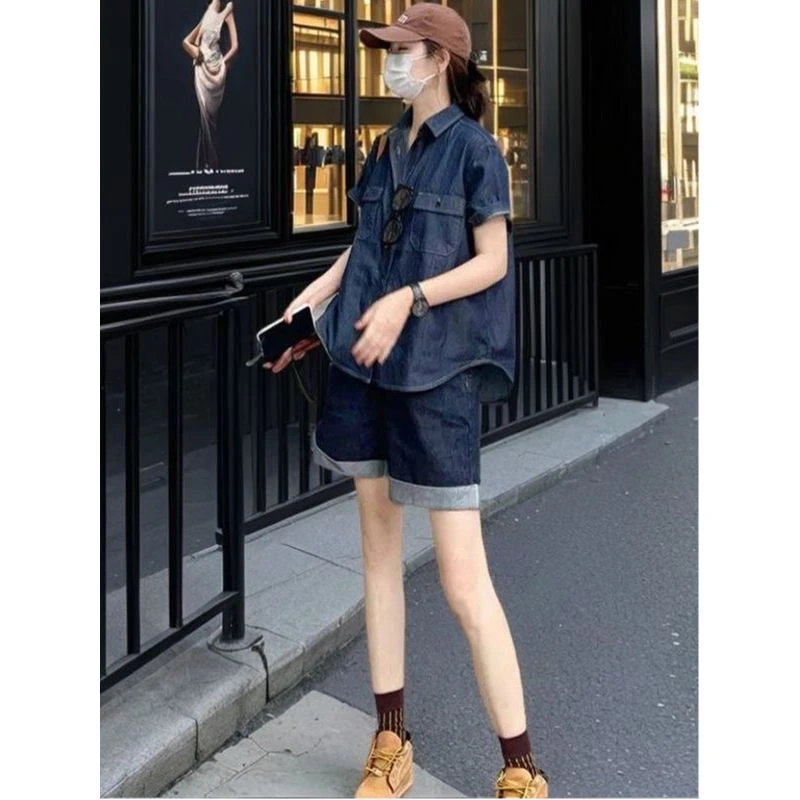 网红时髦牛仔短裤套装夏装女2024新款宽松显瘦衬衫短袖两件套韩版
