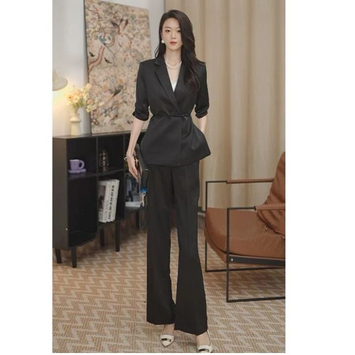 夏季薄款干练气质职业西服套装女黑色高级感西装外套阔腿裤两件套