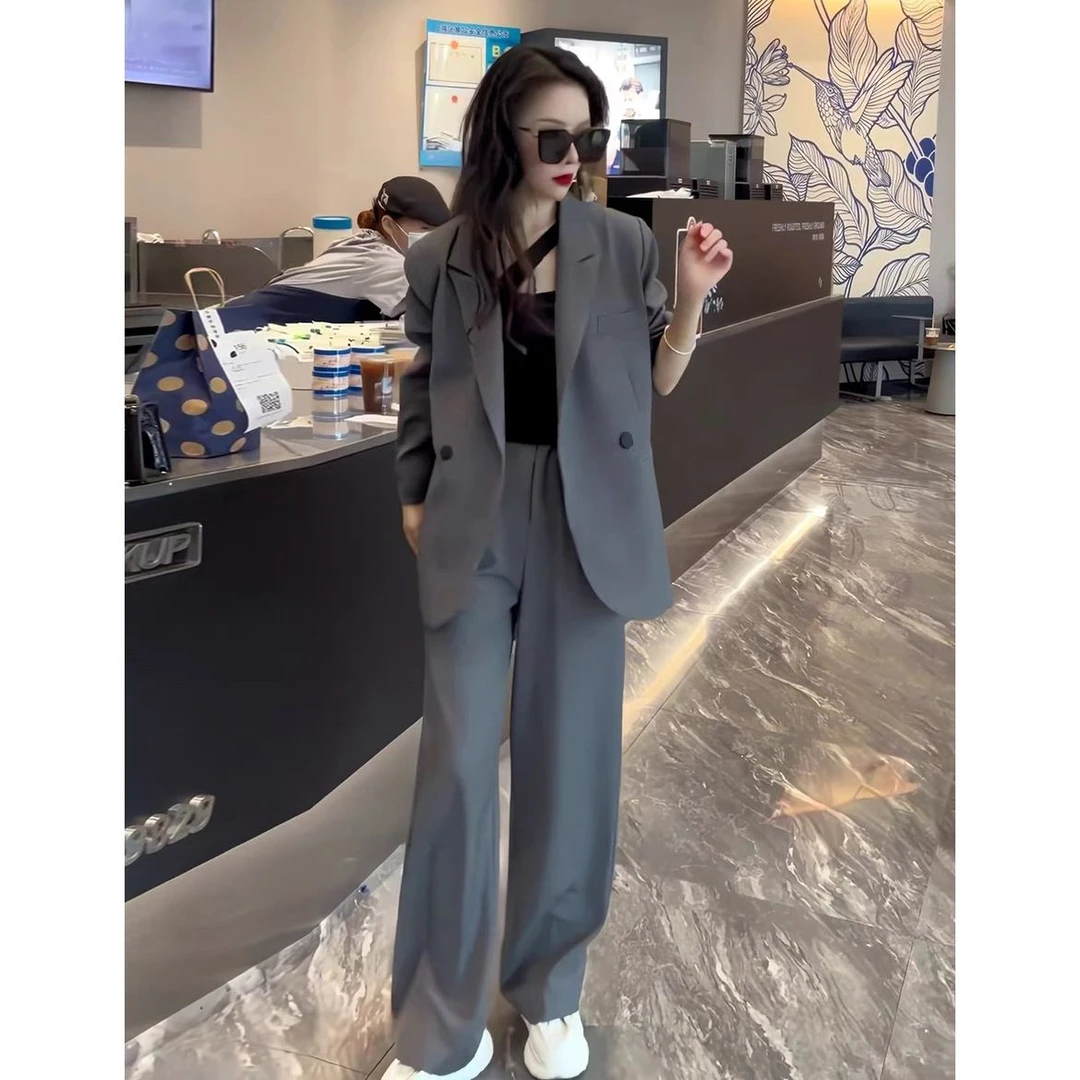 2024春秋新款大码女装胖MM西装套装遮肉显瘦正装外套阔腿裤两件套