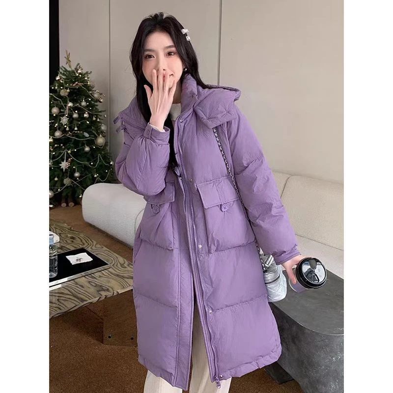 羽绒棉服女中长款2024年新韩版时尚宽松加厚连帽收腰显瘦棉衣外套