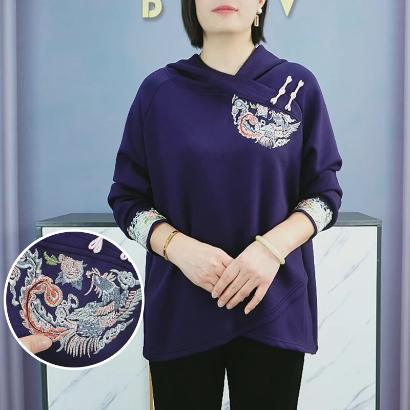 大码女装保暖卫衣女重工刺绣国风百搭显瘦2024秋新款中式复古上衣