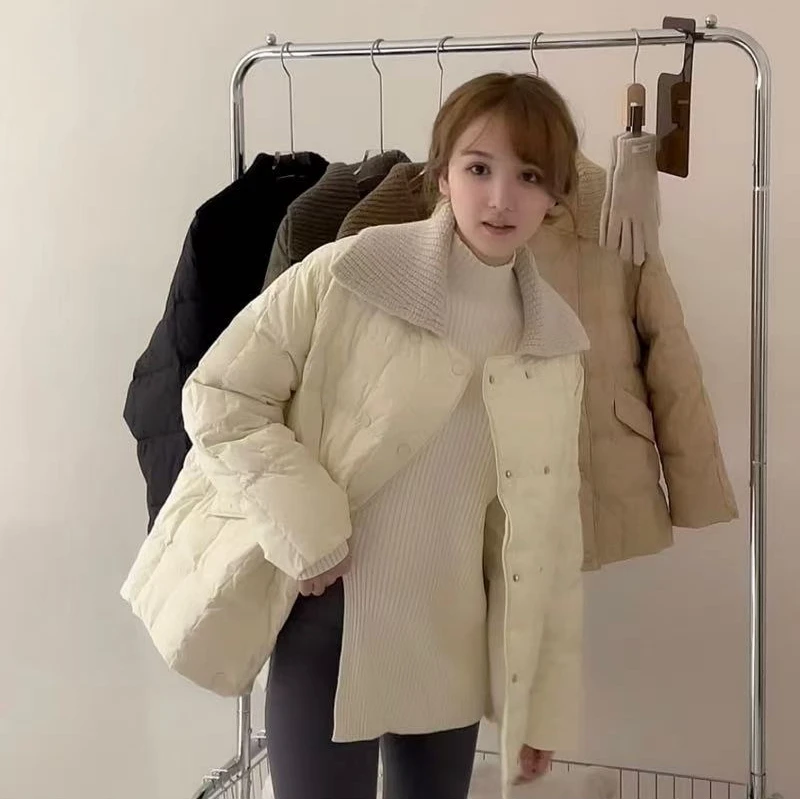 蜗牛家档口新款百搭气质款方格毛线大翻领羽绒服F75