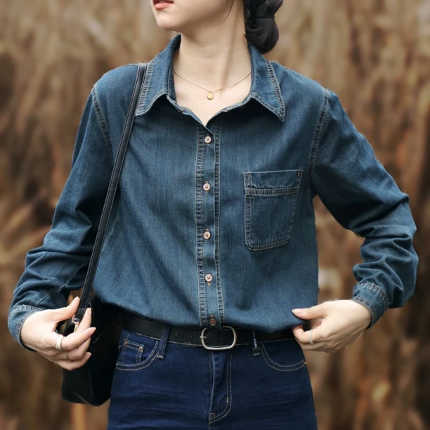 新款复古绿叠穿内搭港风衬衣外套女长袖软牛仔衬衫上衣设计感