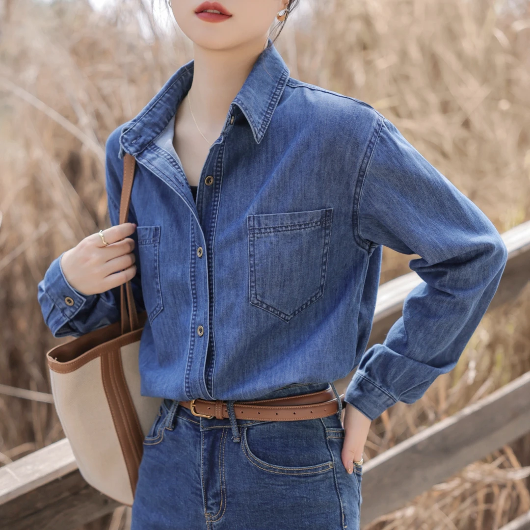 裙黛儿清仓春季新款衬衫高级面料显瘦宽松休闲蓝色软牛仔衬衣女