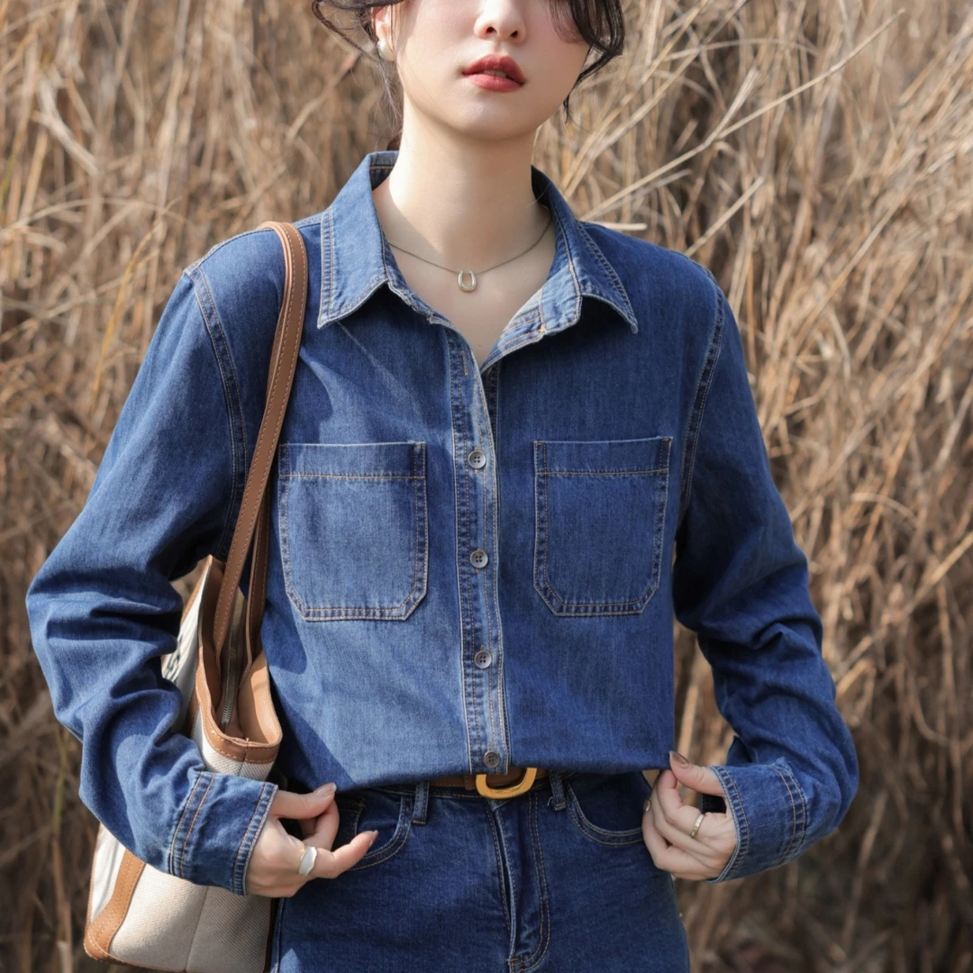 不卷边深蓝色牛仔衬衫女秋冬内搭叠穿小个子棉质正肩衬衣通勤上衣