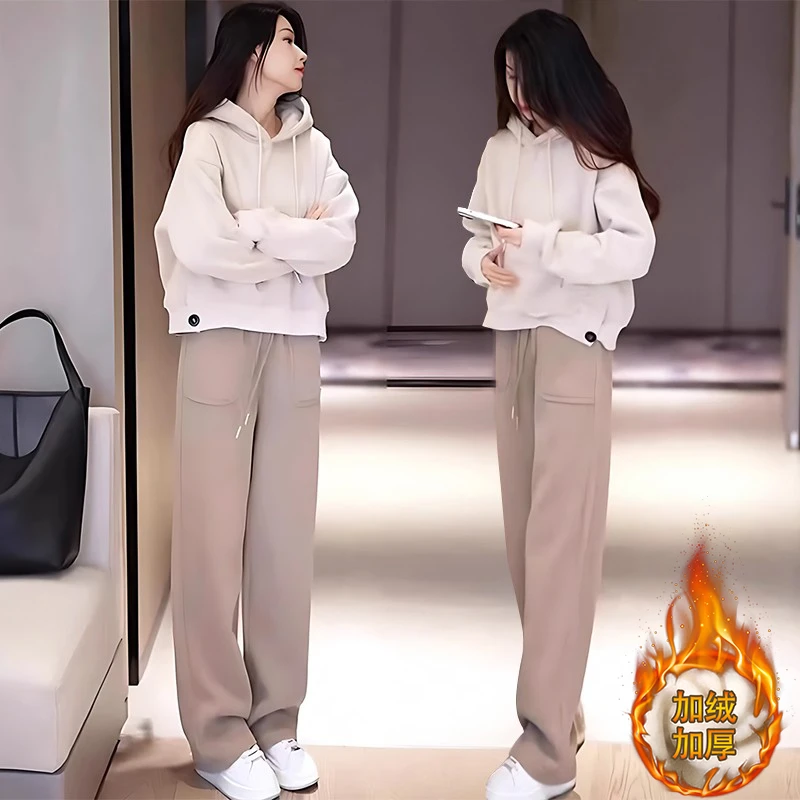 女士加绒加厚运动服套装休闲时尚宽松连帽卫衣长裤秋冬遮肉两件套