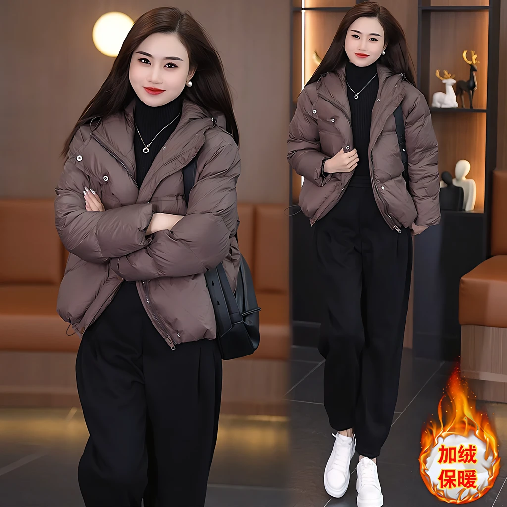 秋冬套装咖色连帽短款棉服女士加绒棉袄厚外套哈伦卫裤两件套