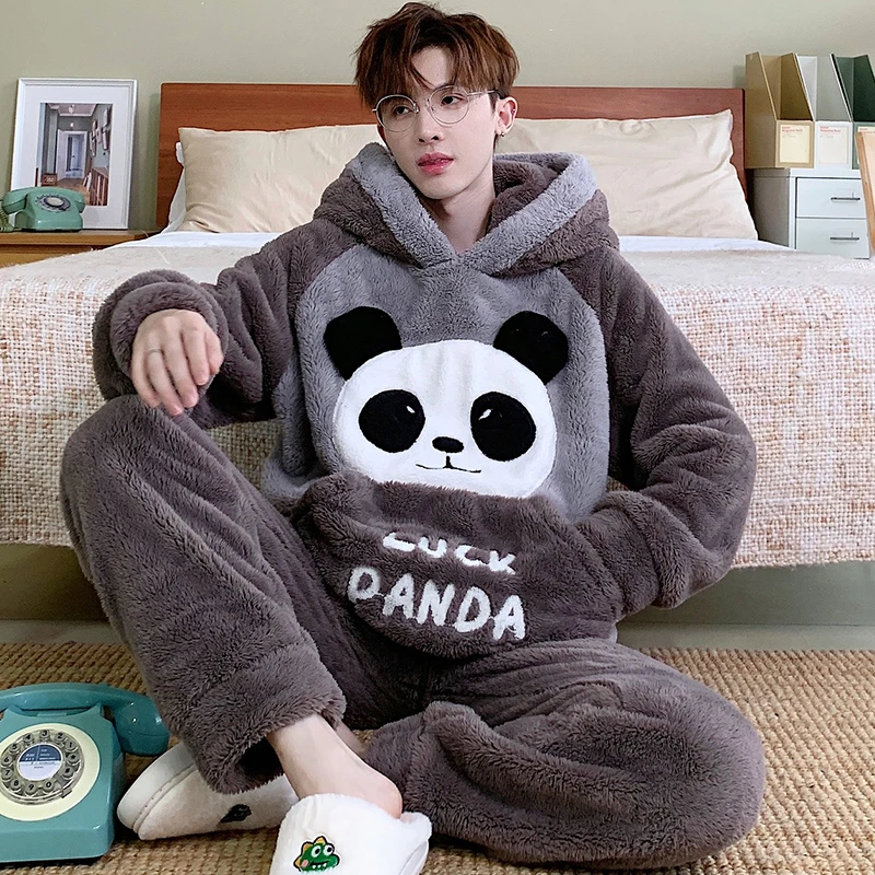 珊瑚绒睡衣男士秋冬季加绒加厚青少年大码卡通连帽冬款保暖家居服