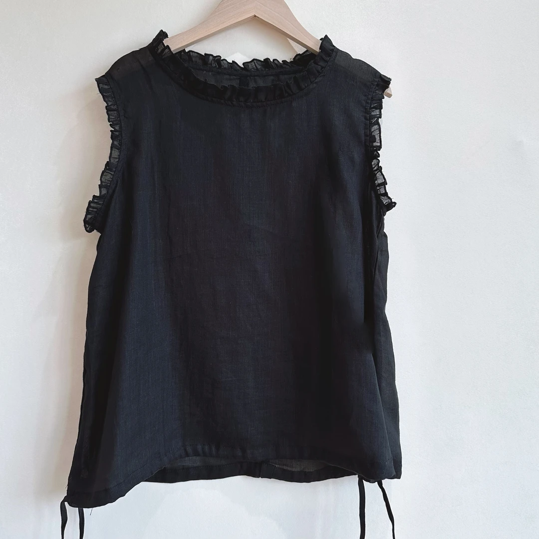 2024夏季新款复古木耳边无袖宽松显瘦苎麻背心