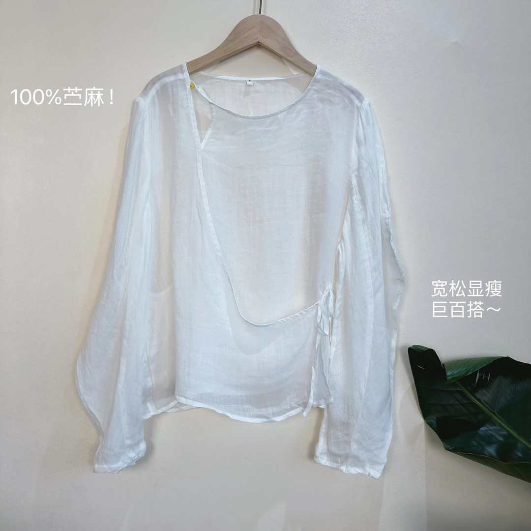 夏季新款斜襟苎麻圆领小衫女纯色百搭宽松显瘦珠扣上衣