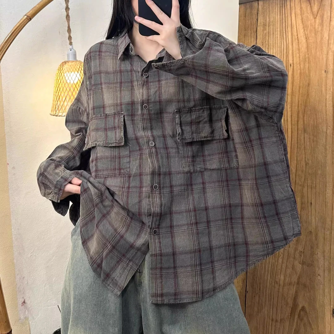 秋季新款翻领大版系扣肌理棉格子衬衣