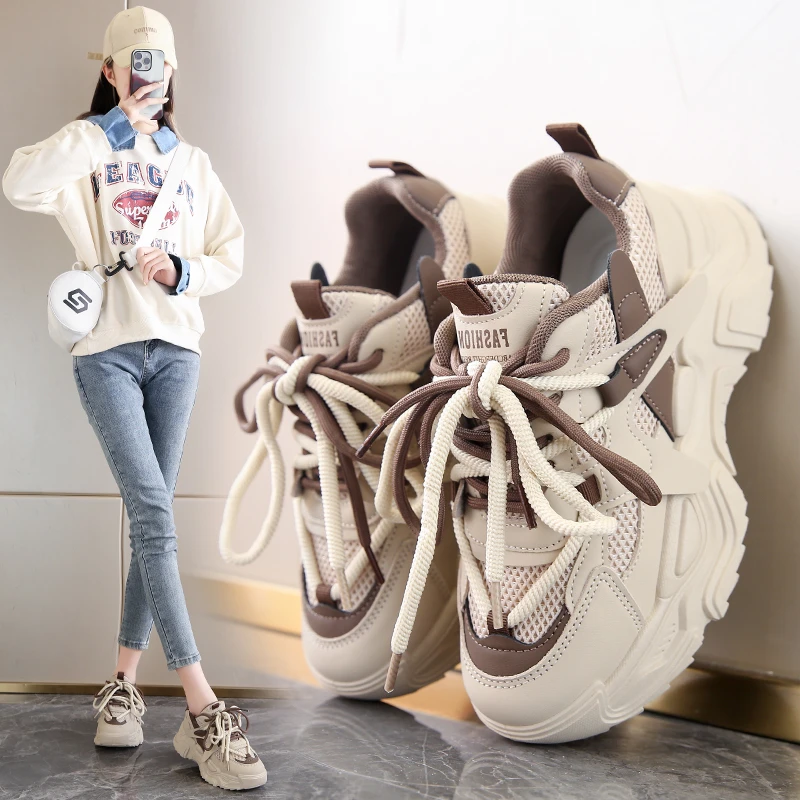 厚底老爹鞋女2024新款真皮百搭透气网面运动鞋轻便休闲