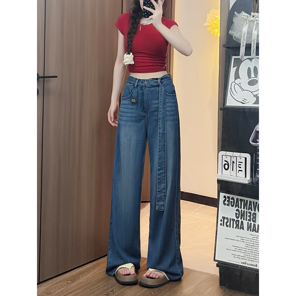 Blue Asteroid【小紫琪】宽松显瘦腰带设计感薄款蓝色牛仔阔腿长裤