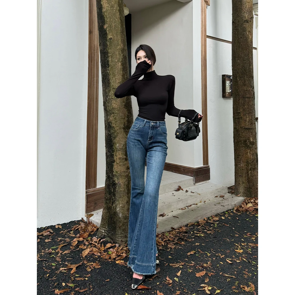 IFMR24年新款辣妹复古喇叭裤弹力修身显瘦毛边牛仔喇叭长裤99353