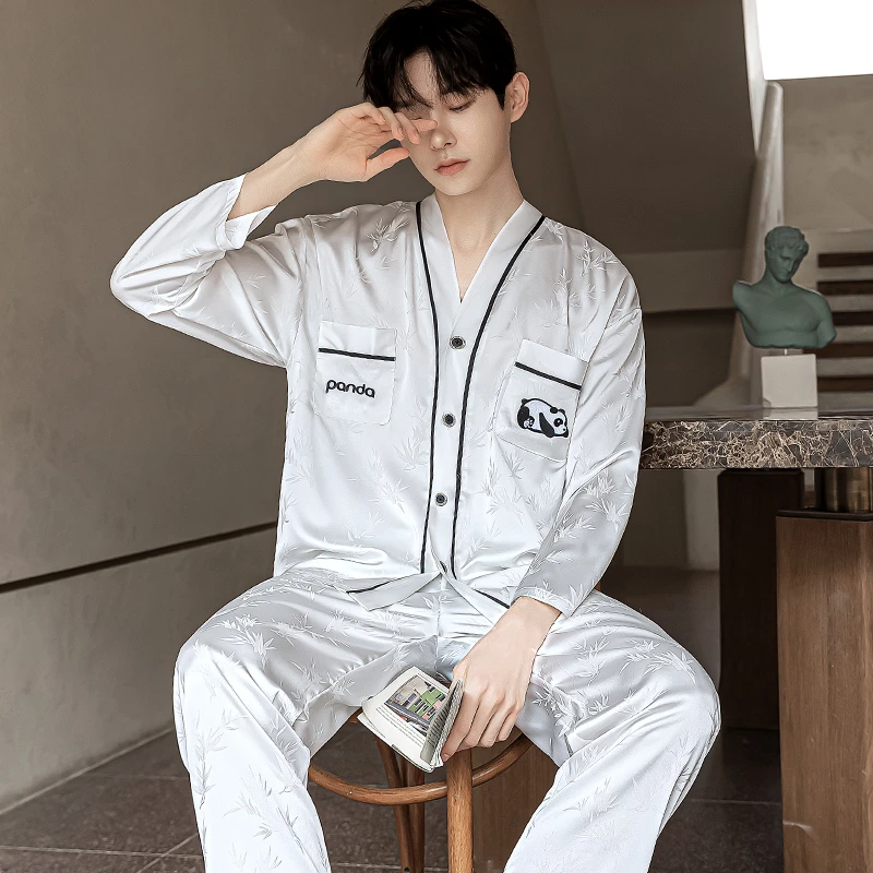 夏季男款缎面睡衣长袖长裤春男士冰丝薄款大码家居服套装休闲青年