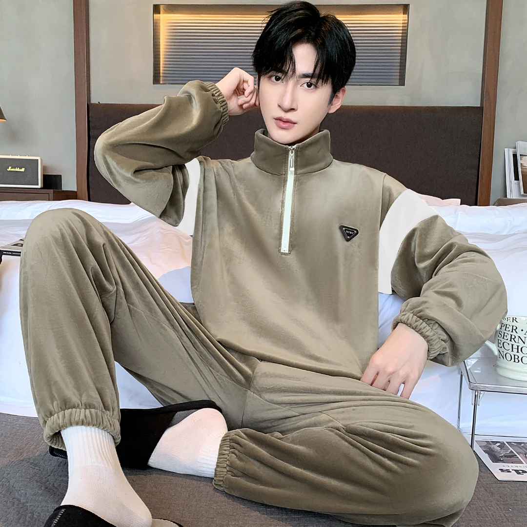 男士秋冬季薄绒睡衣男套头运动休闲家居服海岛绒可外穿两件套装