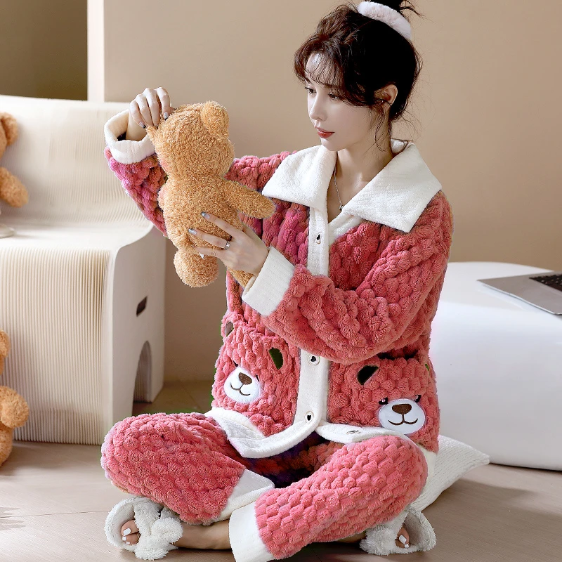 甜美可爱法兰绒睡衣套装加绒加厚可外穿珊瑚绒家居服女士大码