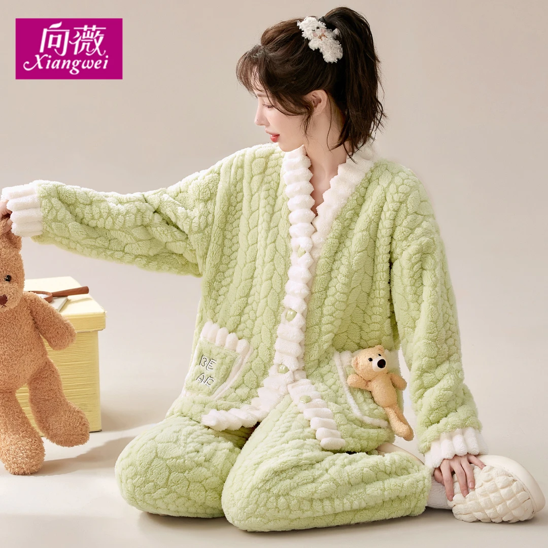 V领秋冬甜美加厚法兰绒家居服暖绒珊瑚绒女士睡衣加绒保暖冬天