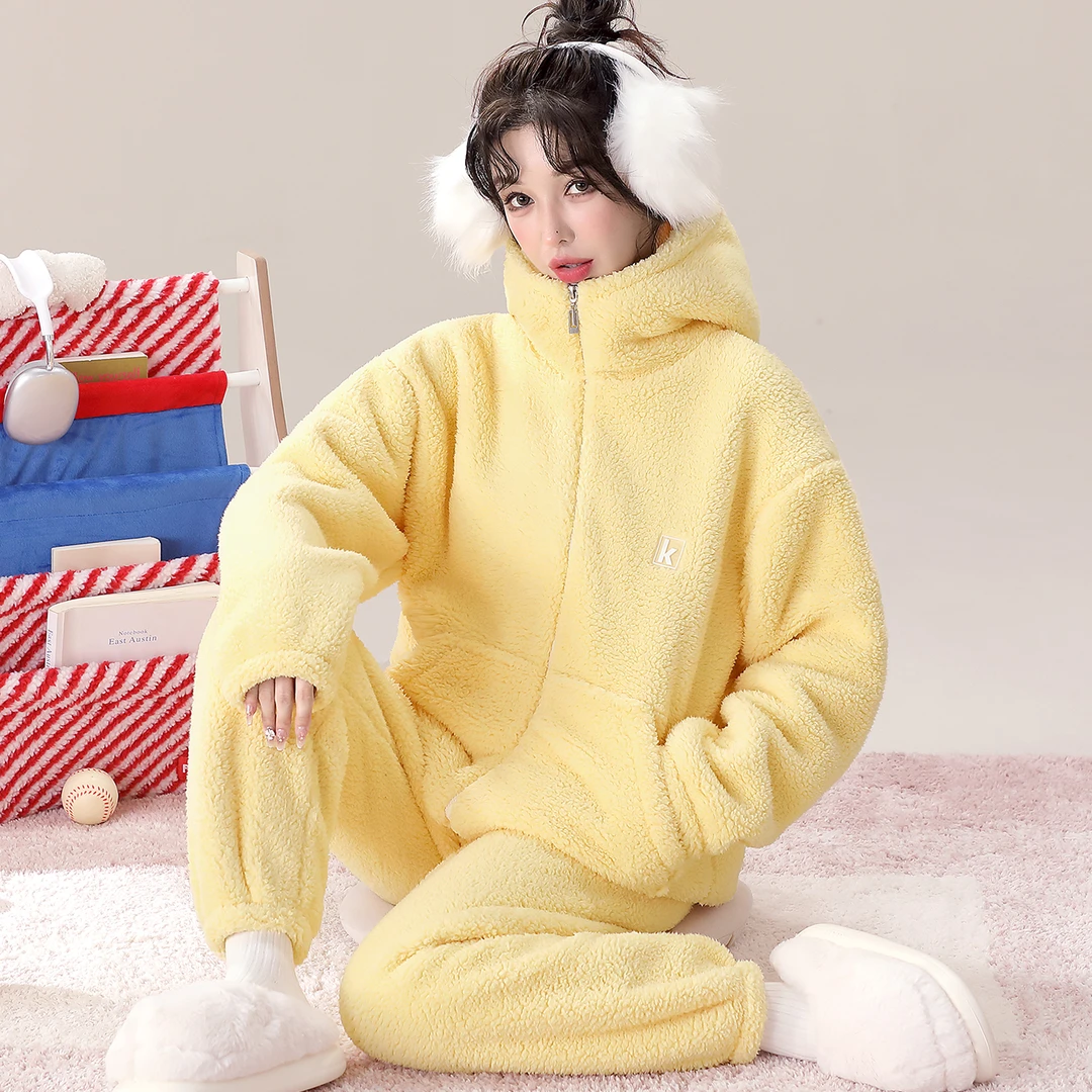 【奶酪黄】秋冬甜美简约连帽可外穿加绒保暖套装女士睡衣家居服