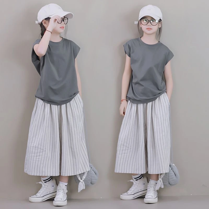 女童套装2024夏季新款中大童时尚简约无袖上阔腿宽松网红洋气百搭