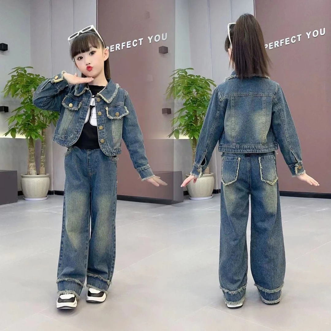 女童套装2025春季新款洋气韩版中大童两件套短款外套牛仔阔腿裤潮