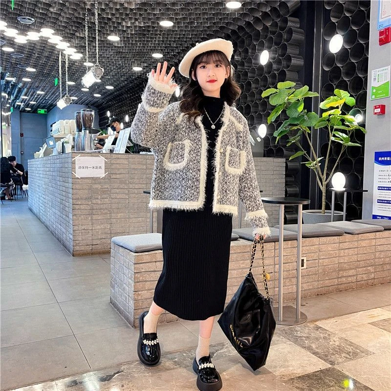 女童春季套装2024新款毛衣外套连衣裙小香风两件套时尚洋气炸街潮