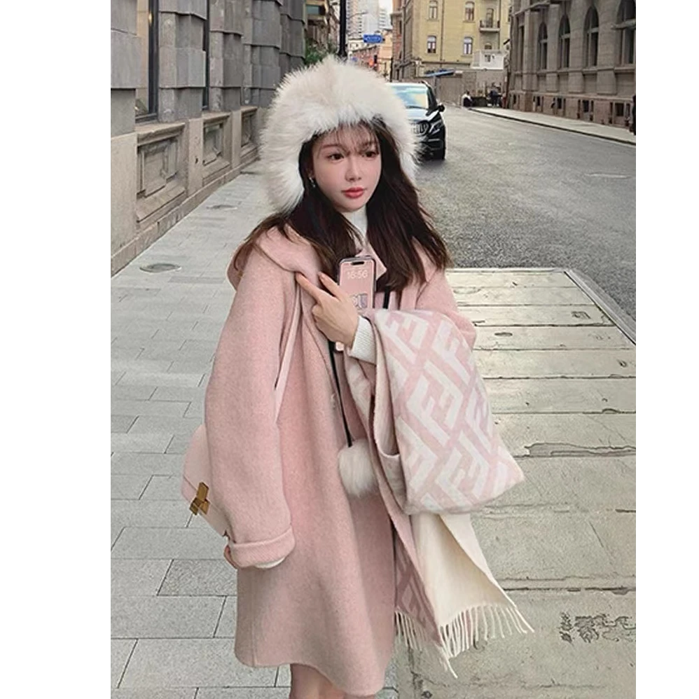 【汽水家】24新款网红爆款可拆卸慵懒风连帽休闲百搭中长款双面大衣