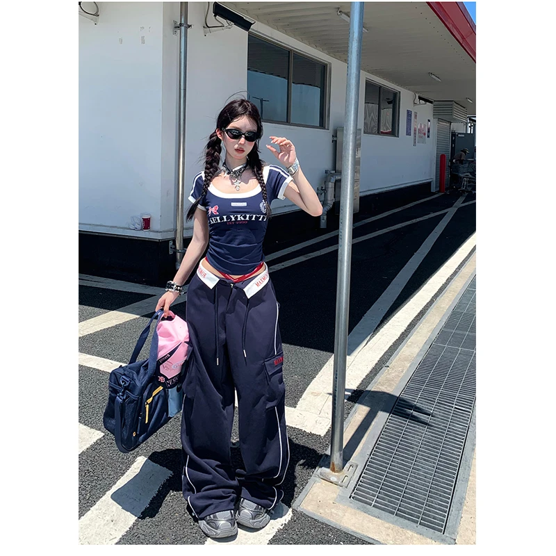 2024夏季新款美式复古运动辣妹短袖T恤显瘦上衣设计感高腰休闲裤