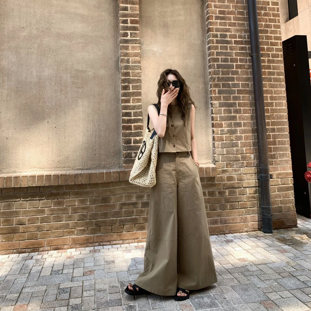 老钱调两穿气质显瘦背心女2024夏季新款法式阔阔裤