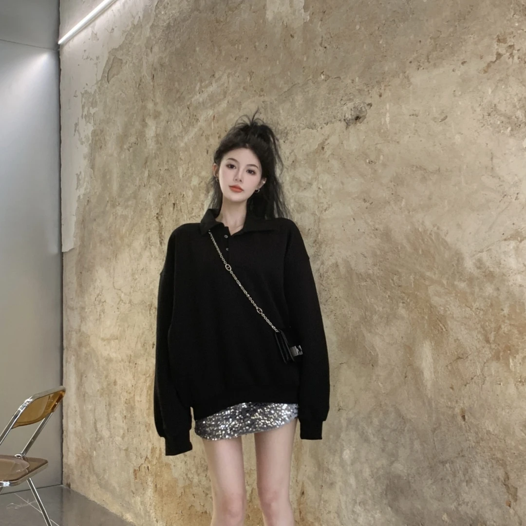 春季时尚女装慵懒风高级感polo领宽松卫衣高腰显瘦a字亮片半身裙